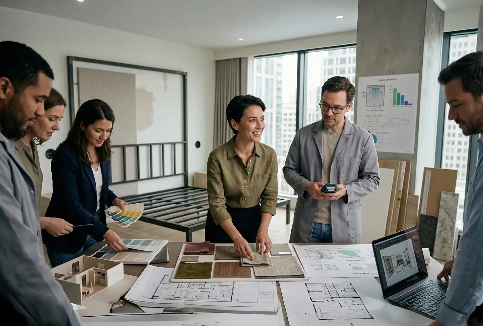 Team reviewing material samples for a room