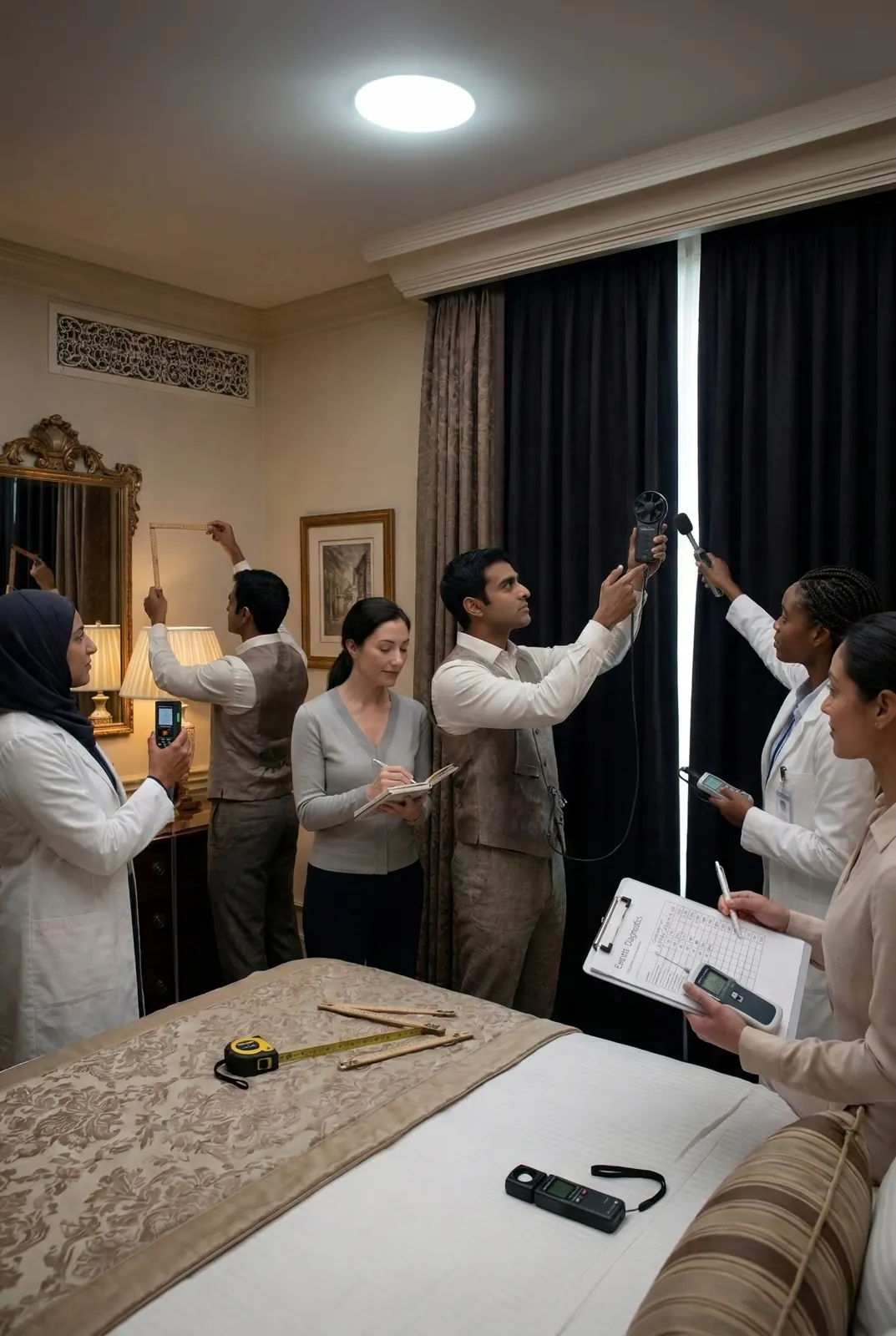Team measuring light and noise in a hotel room