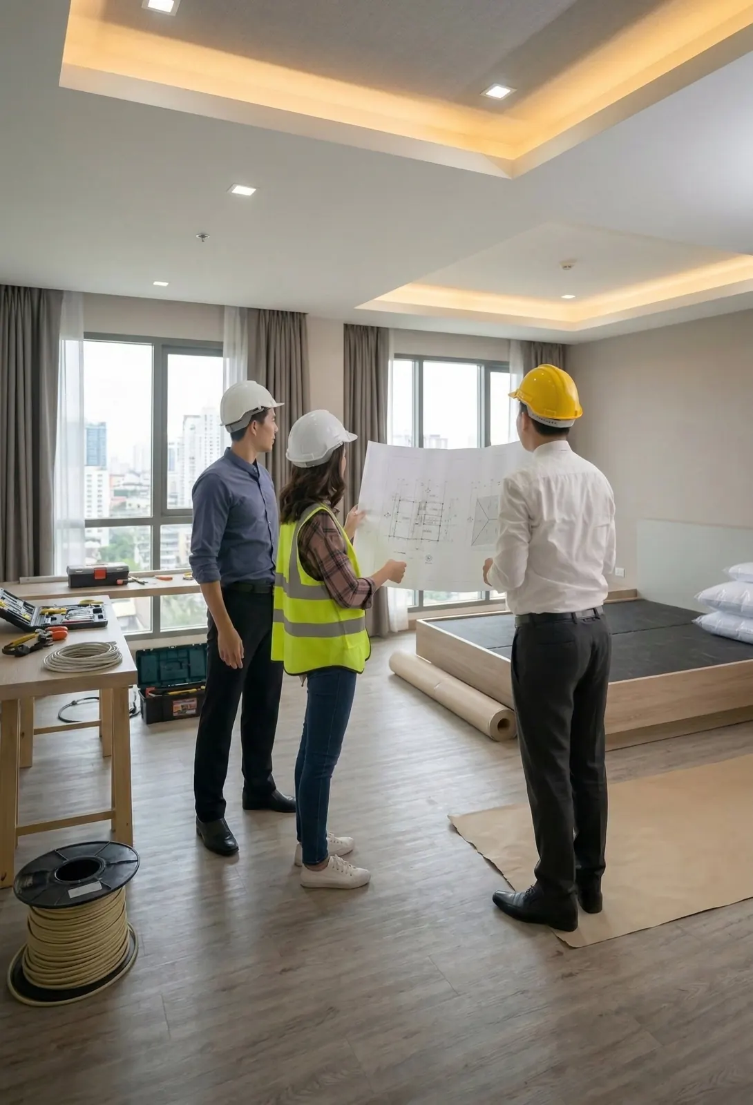 Construction team reviewing a hotel room