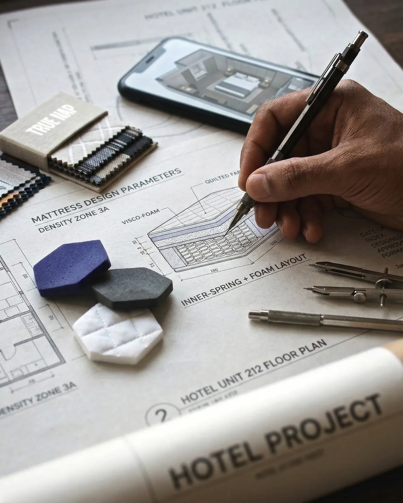 Hotel room floor plan with material samples