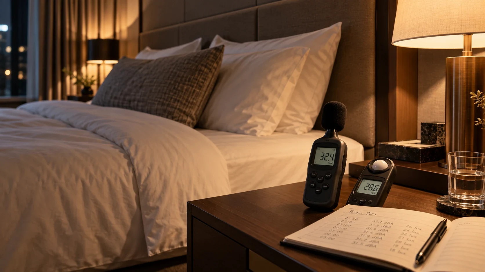 Sonómetro y luxómetro midiendo en una habitación de hotel de noche